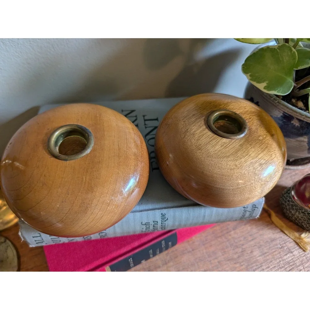 Vintage MCM Myrtlewood Hand Turned Wood Taper Candle Holders Set of 2
